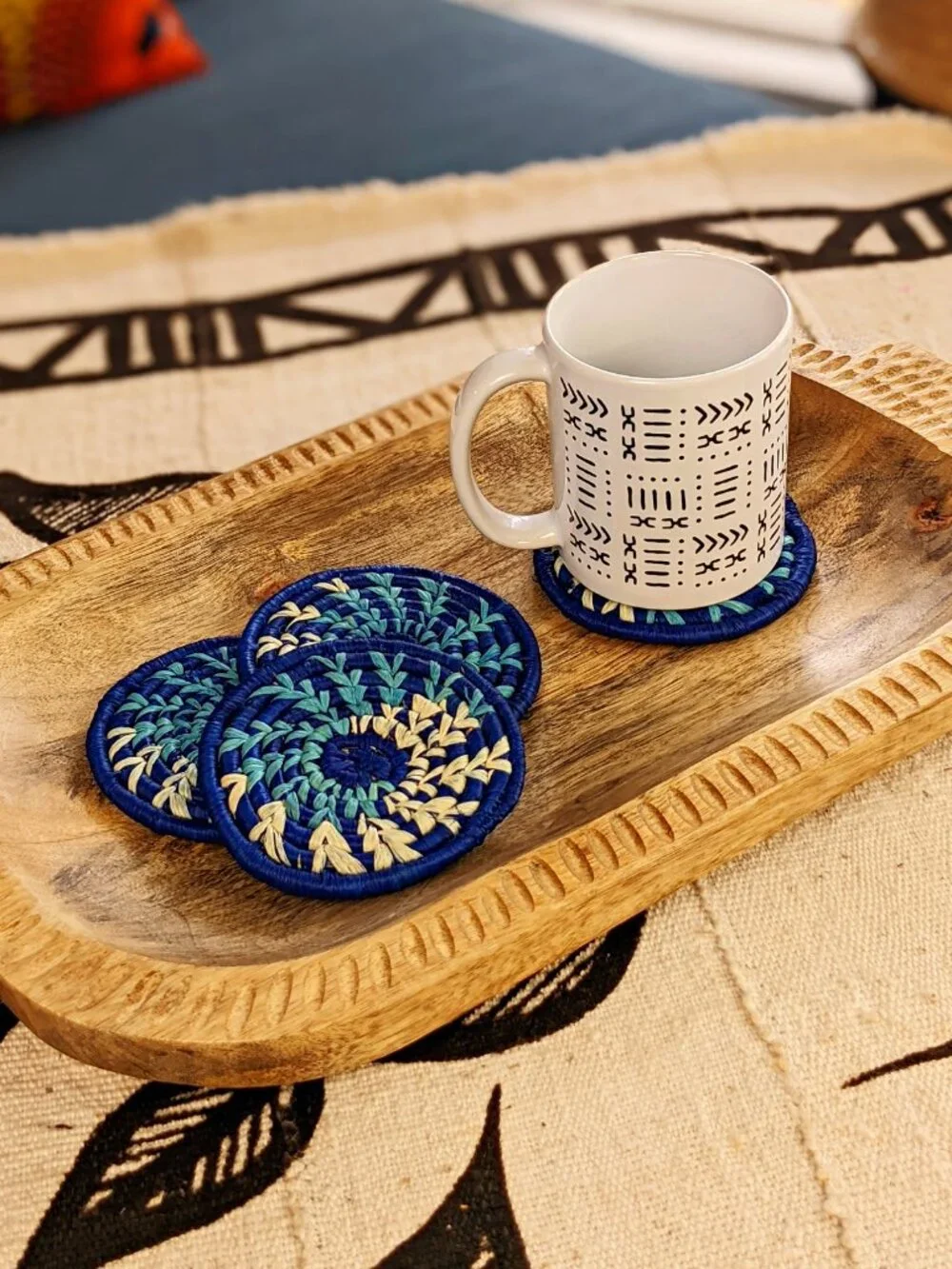 Blue Woven Raffia Grass Drink Coasters Set of 4 | Bohemian African Decor